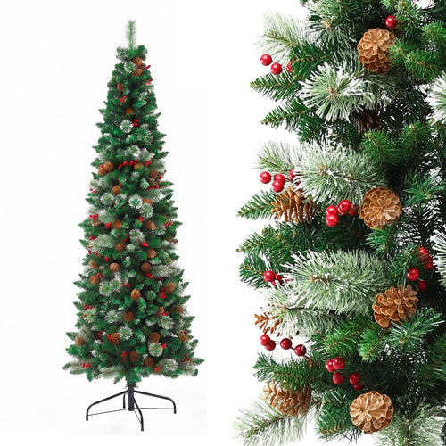 Jingle Jollys Slim Corner Christmas Tree with Pine Cones and Berries, 2.1 m