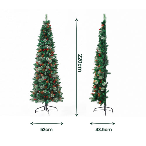 Jingle Jollys Slim Corner Christmas Tree with Pine Cones and Berries, 2.1 m, with its measurements marked