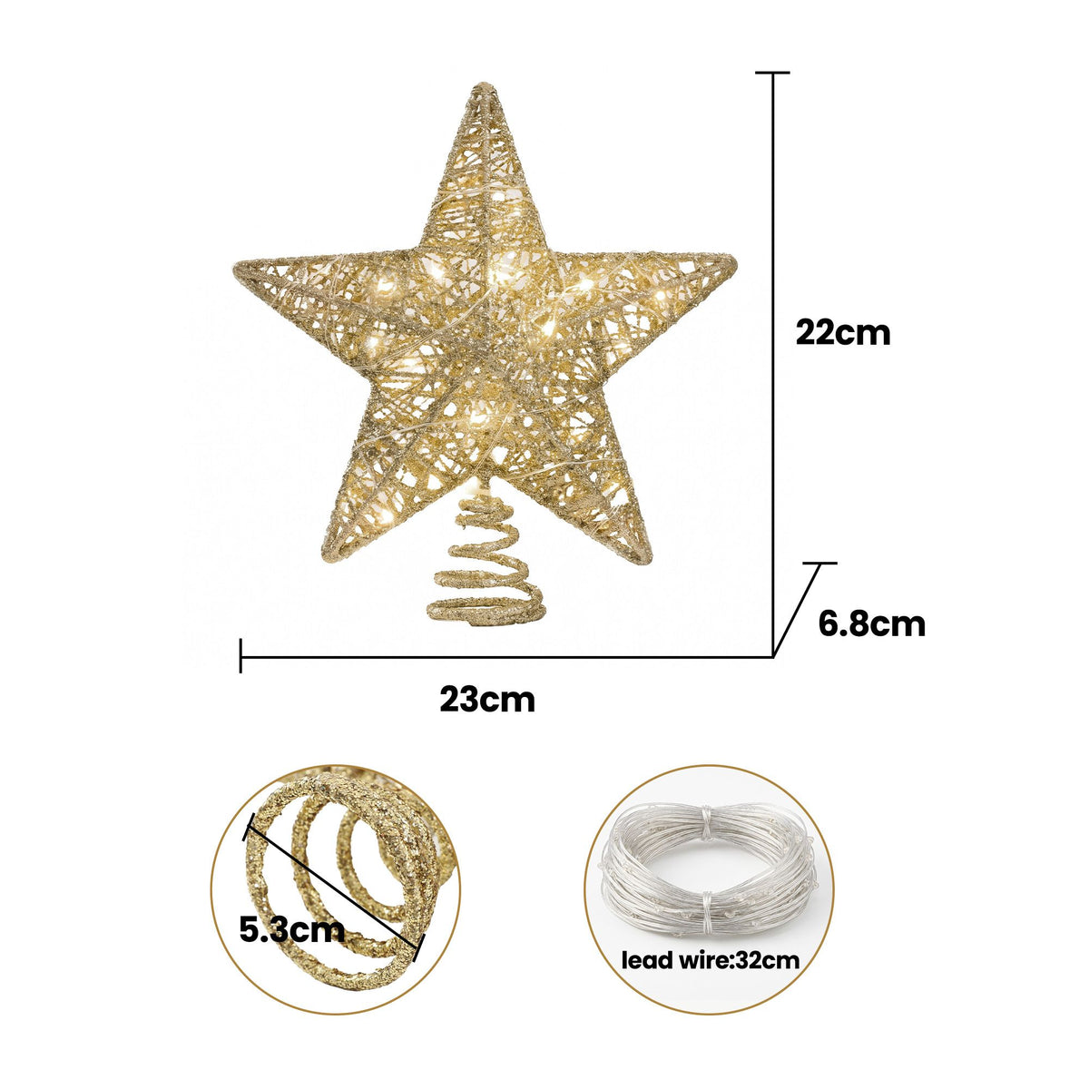Jingle Jollys 3D Christmas Tree Topper Star 20 Warm LED Lights Gold