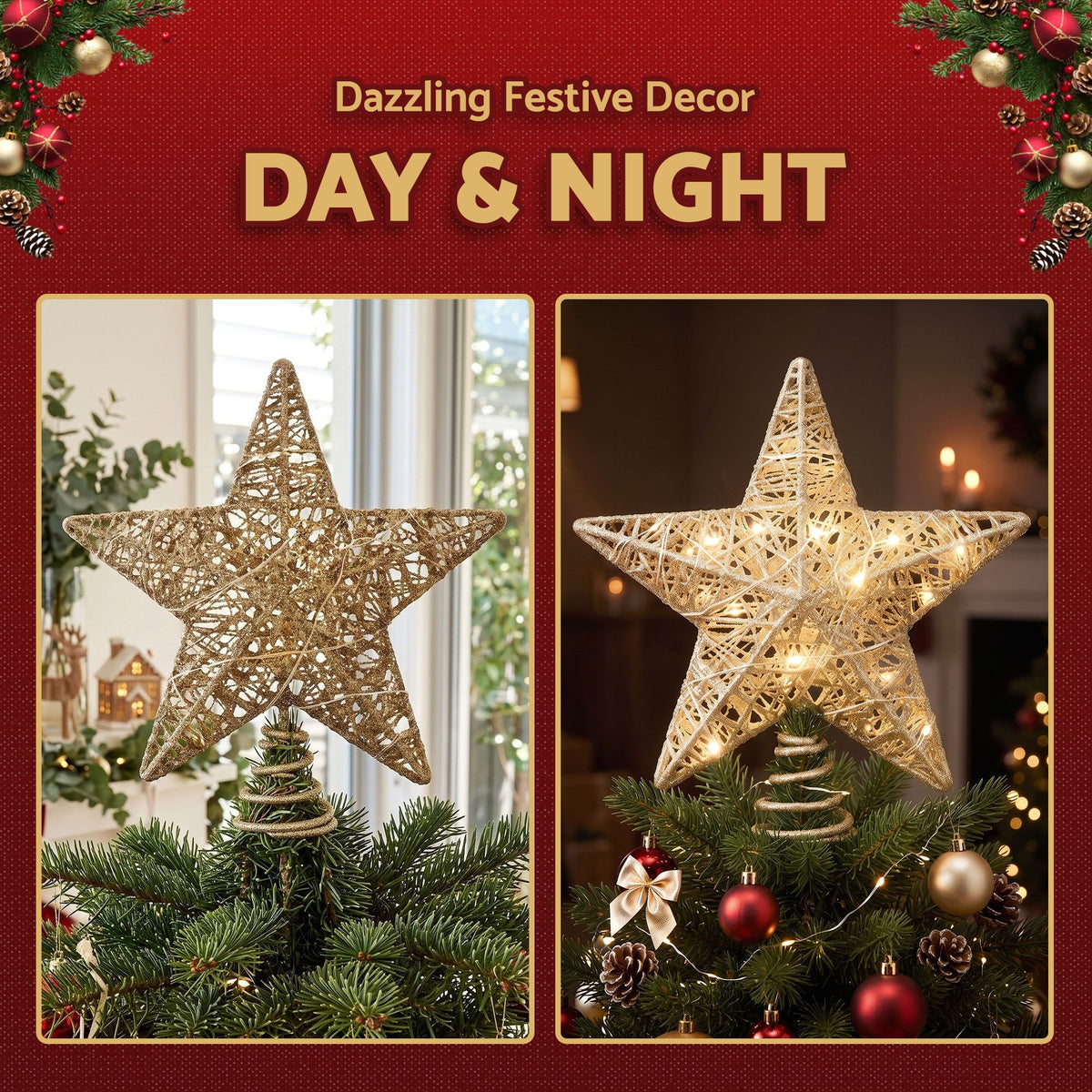 Jingle Jollys 3D Christmas Tree Topper Star 20 Warm LED Lights Gold