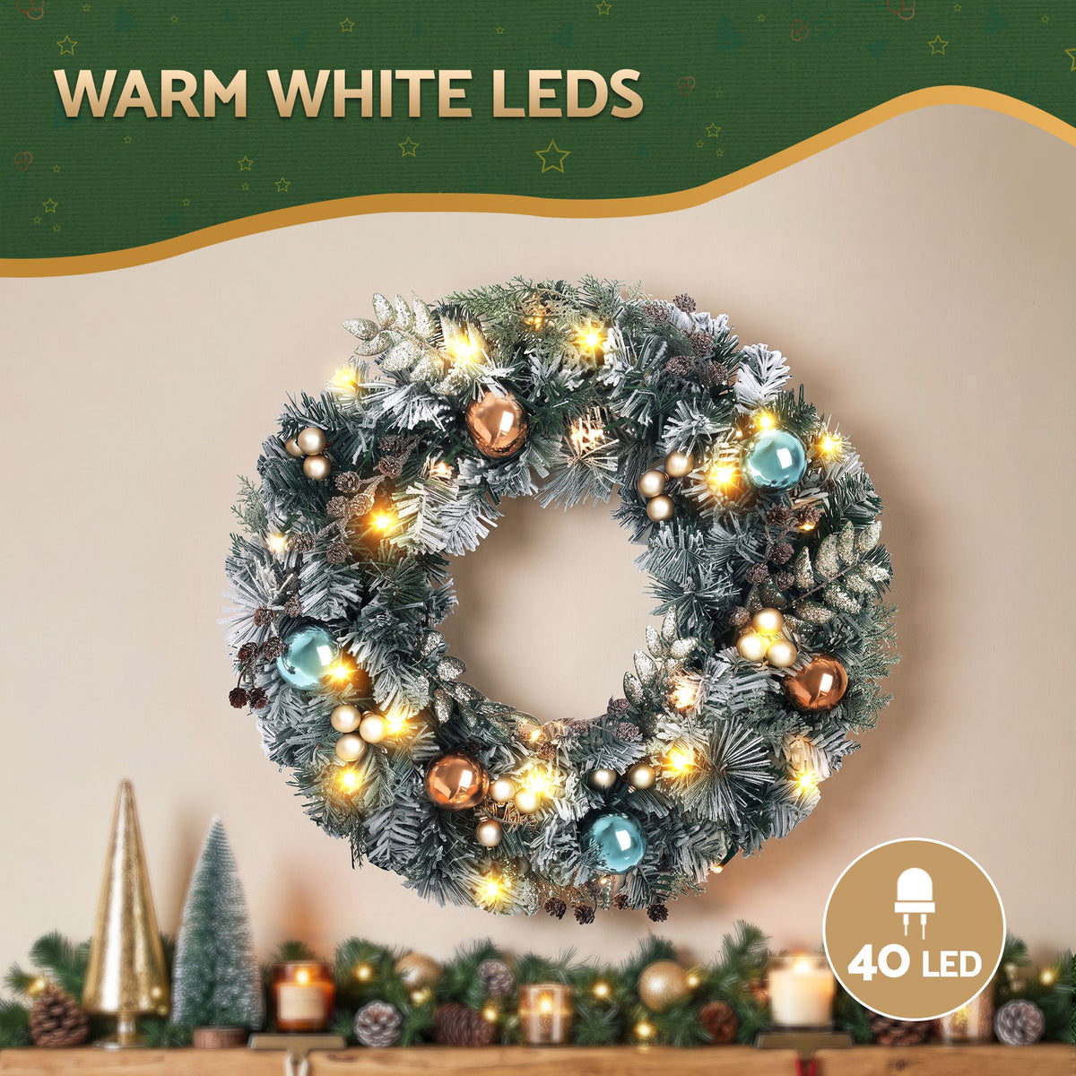 Jingle Jollys 60cm Christmas Wreath with LED Lights Snowy Garland