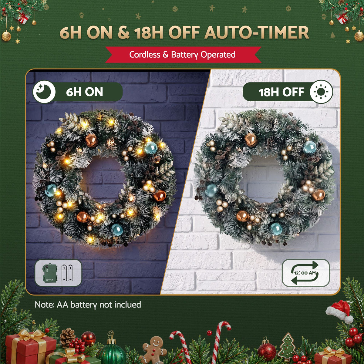 Jingle Jollys 60cm Christmas Wreath with LED Lights Snowy Garland