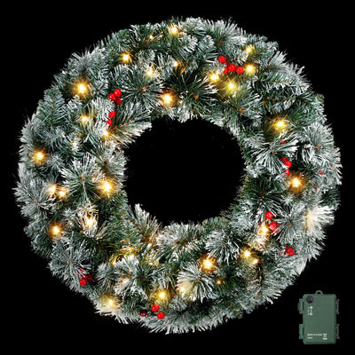 Jingle Jollys 60cm Christmas Wreath LED Lights Snowy Berries Garland