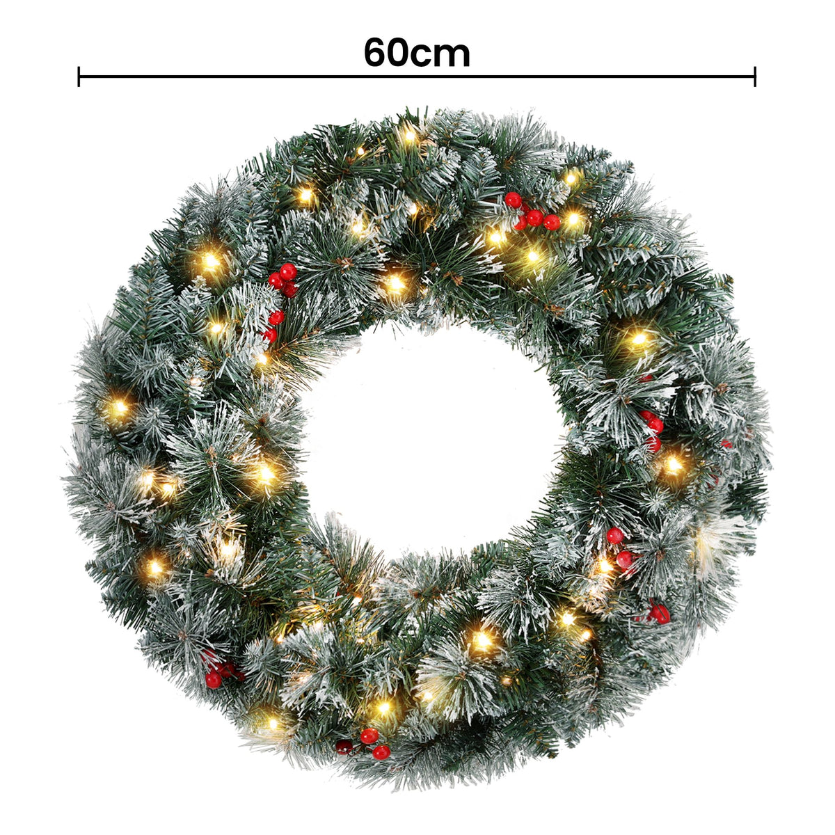 Jingle Jollys 60cm Christmas Wreath LED Lights Snowy Berries Garland
