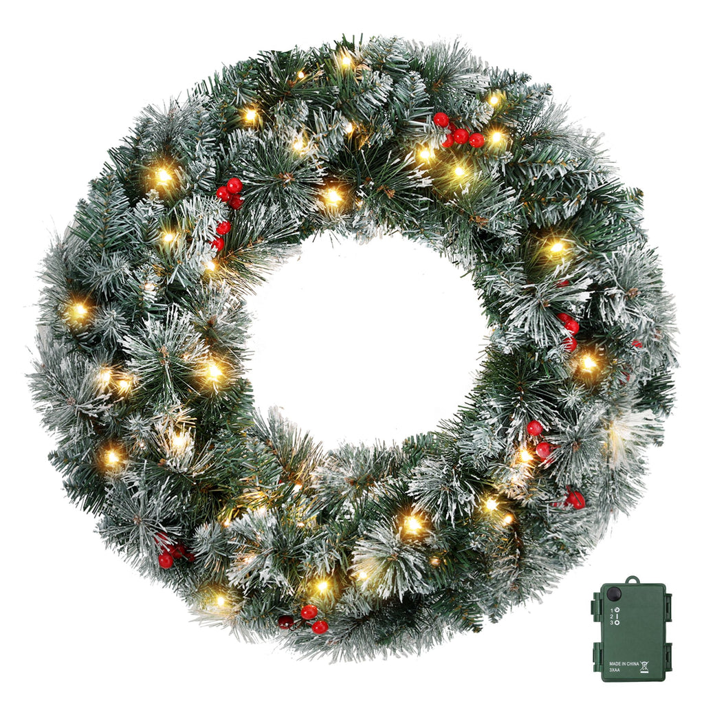 Jingle Jollys 60cm Christmas Wreath LED Lights Snowy Berries Garland