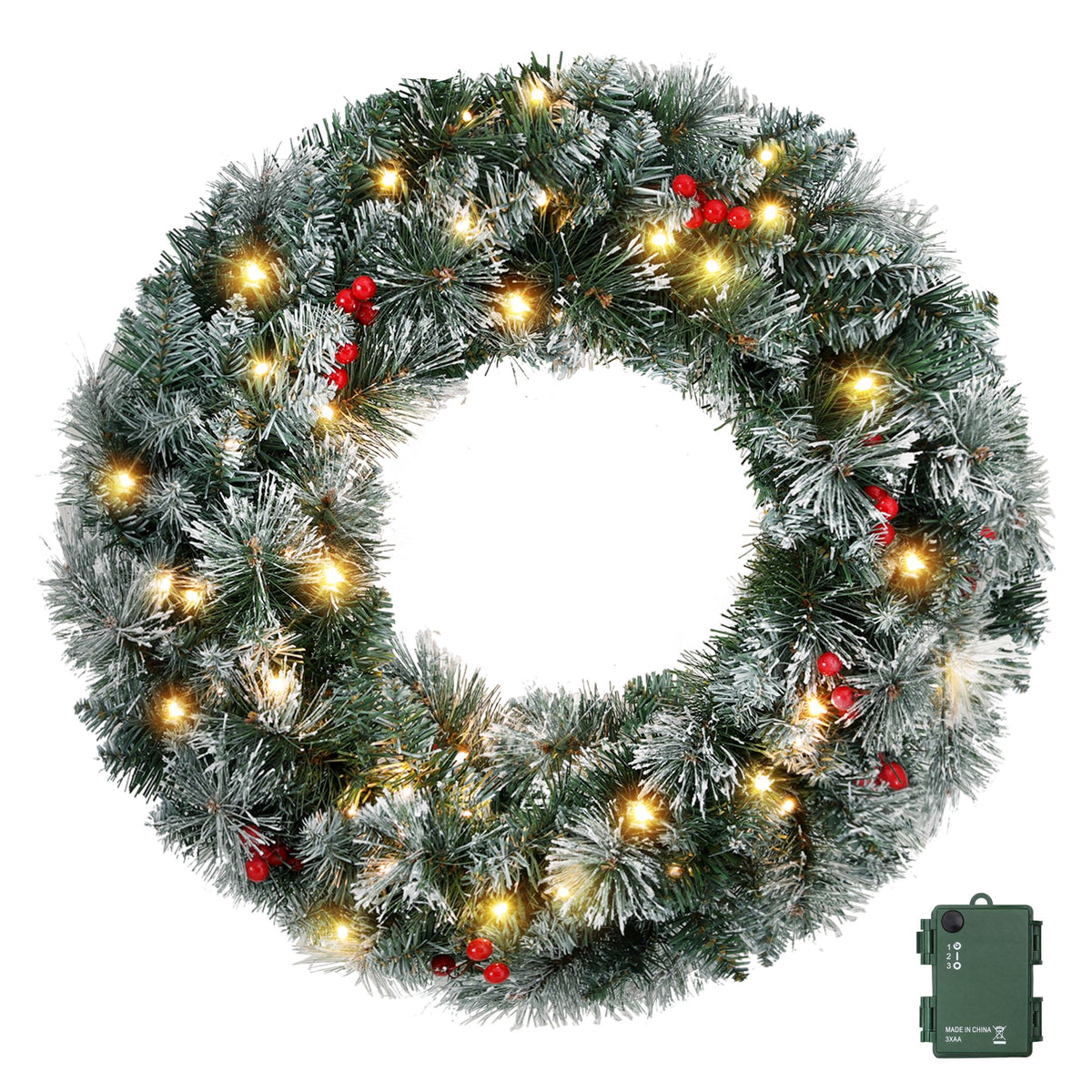 Jingle Jollys 60cm Christmas Wreath LED Lights Snowy Berries Garland