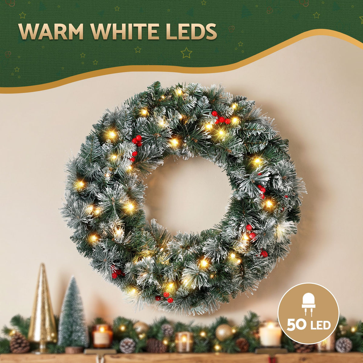 Jingle Jollys 60cm Christmas Wreath LED Lights Snowy Berries Garland