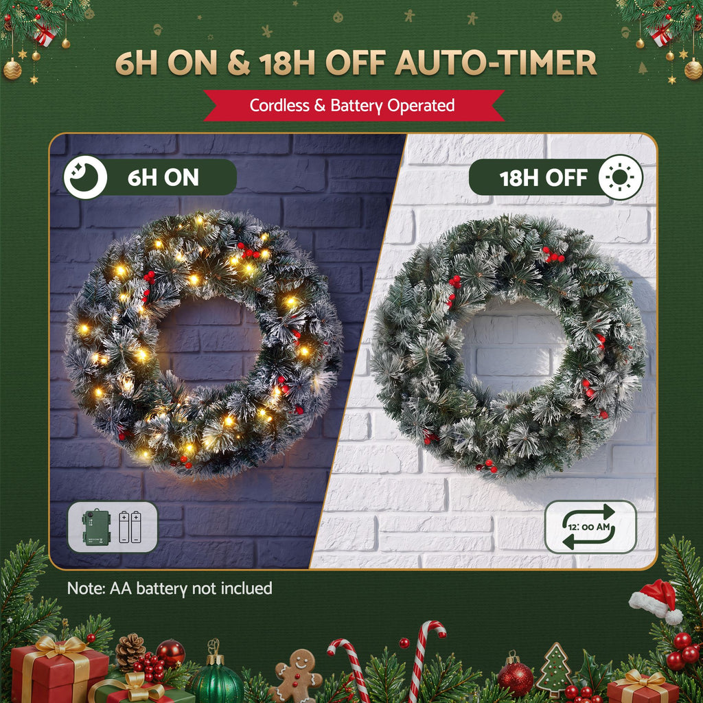 Jingle Jollys 60cm Christmas Wreath LED Lights Snowy Berries Garland