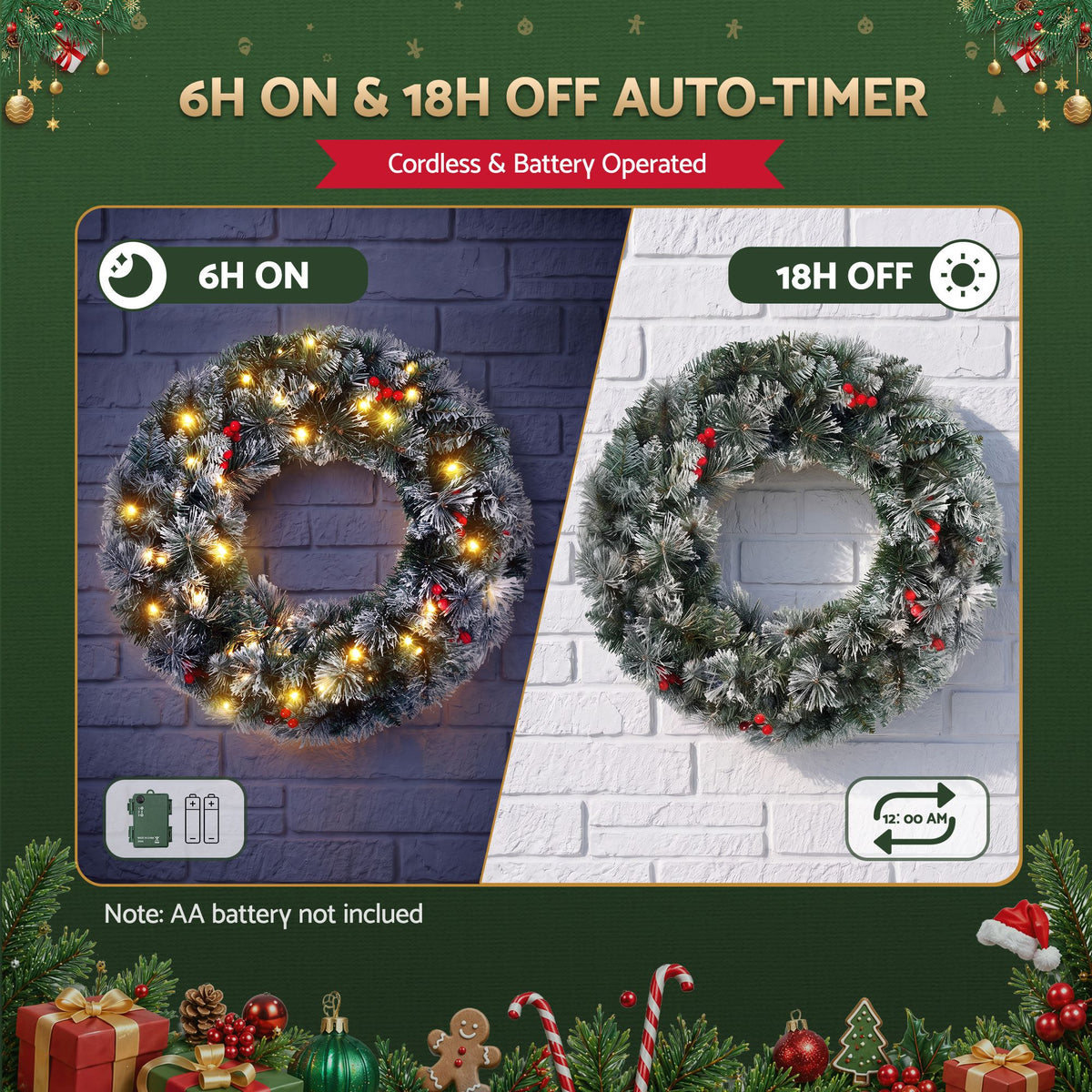 Jingle Jollys 60cm Christmas Wreath LED Lights Snowy Berries Garland