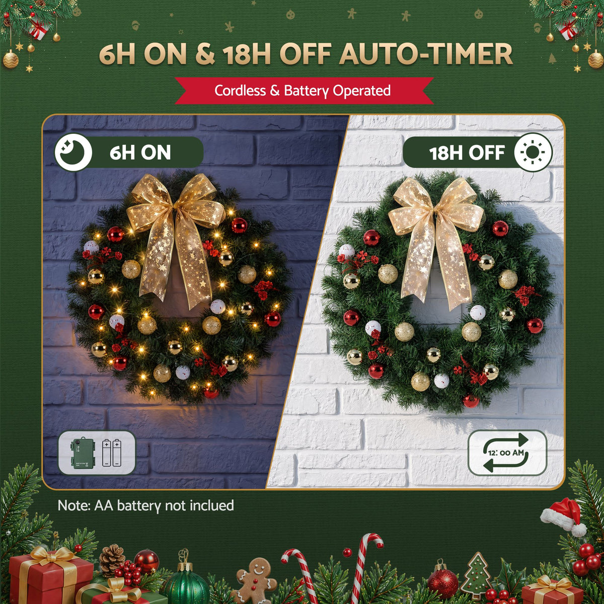Jingle Jollys 60 cm Pre Lit Christmas Wreath, 40 Warm LEDs, shown in a real setting, photo 6 of 6