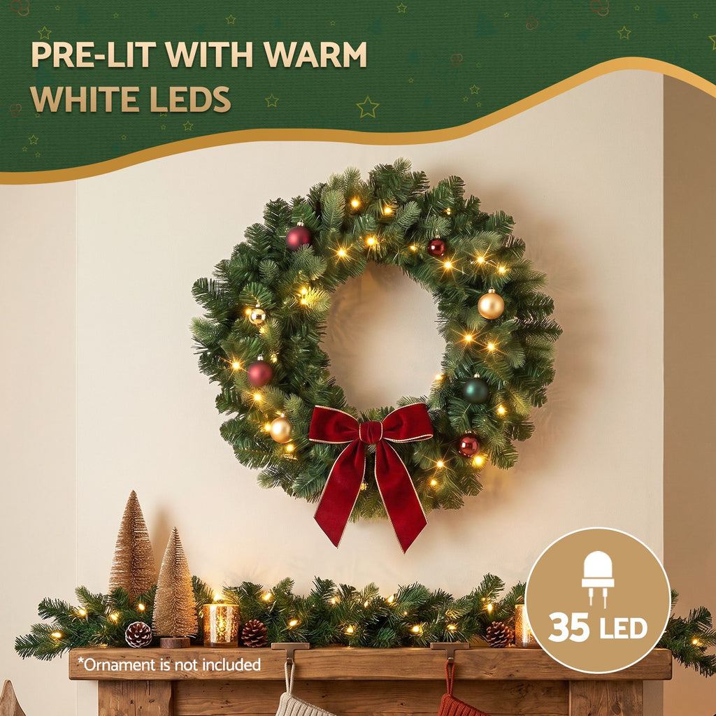 Jingle Jollys 60cm Pre-Lit Christmas Wreath GarlandsWarm White LED