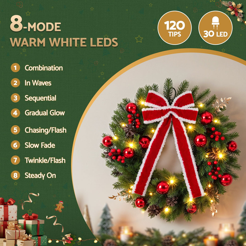 Jingle Jollys 60cm Pre-lit Christmas Wreath Garlands LED Light Front