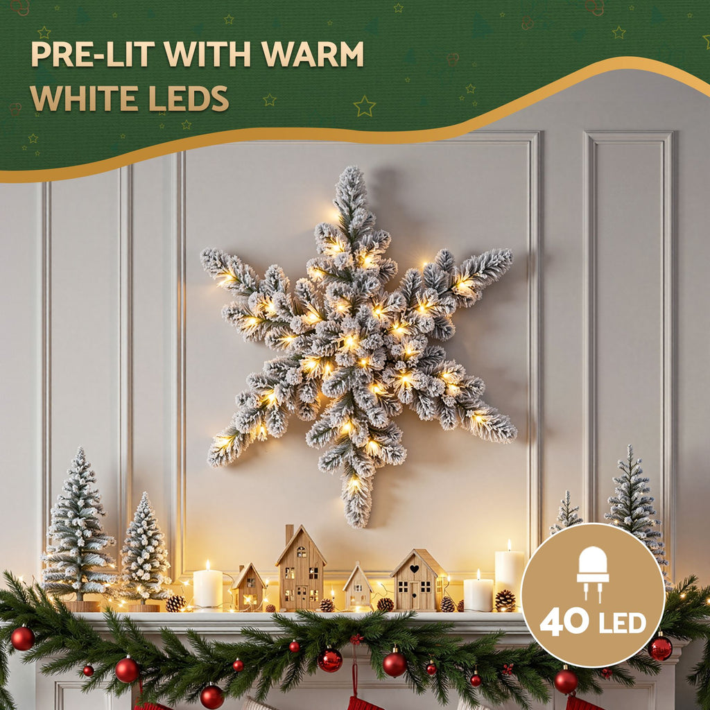 Jingle Jollys 60cm Flocked Snowflake Christmas Wreath Garland Pre-Lit