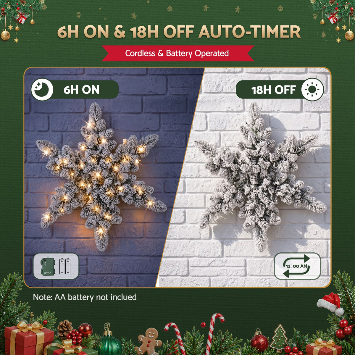 Jingle Jollys 60cm Flocked Snowflake Christmas Wreath Garland Pre-Lit