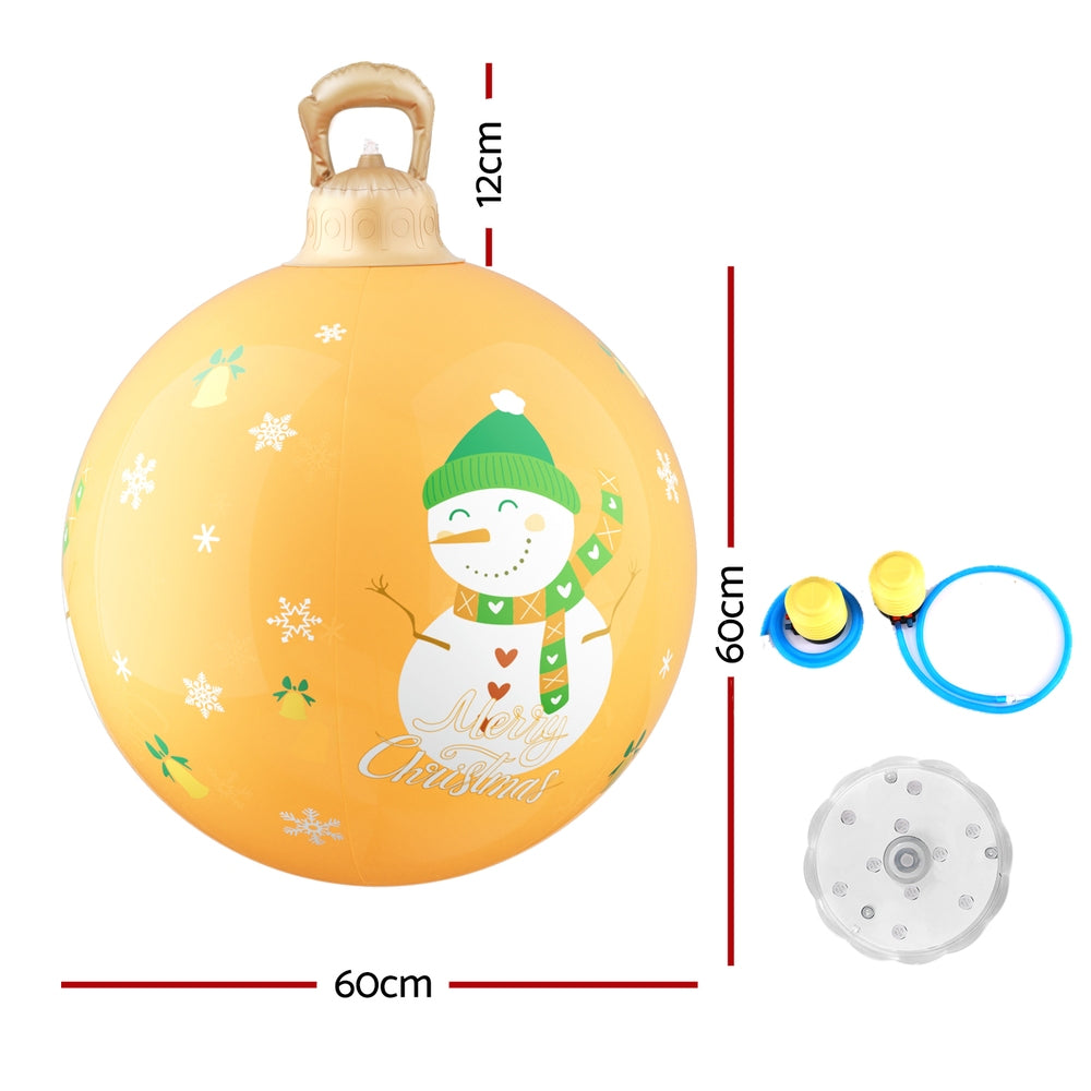 Jingle Jollys 60 cm Inflatable LED Snowman Bauble, Gold, with its measurements marked