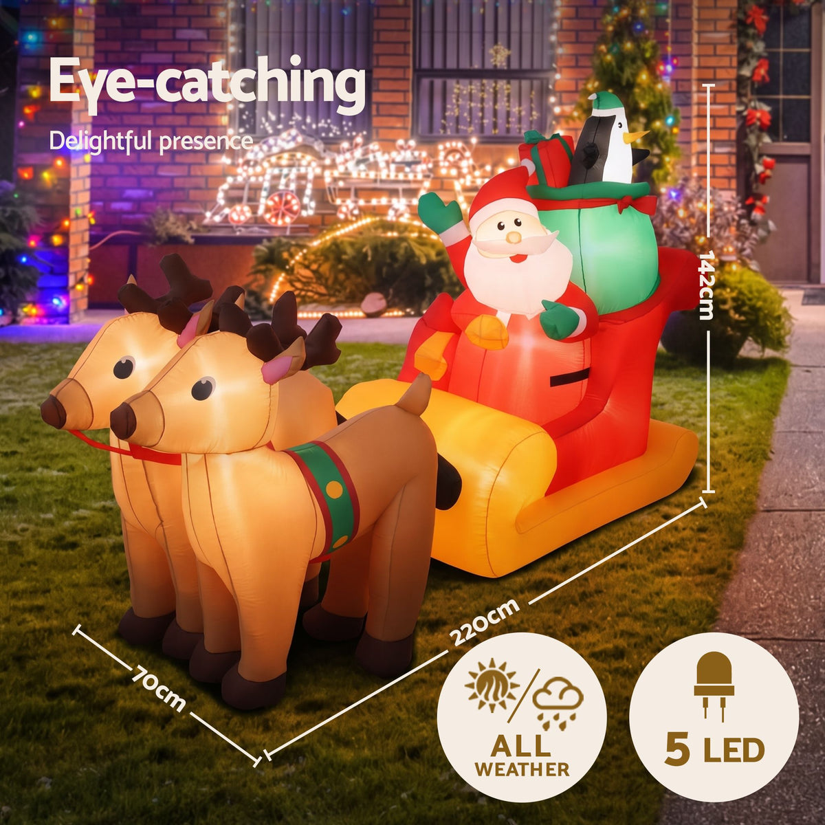 Jingle Jollys Christmas Inflatable Santa Sleigh 2.2M Illuminated
