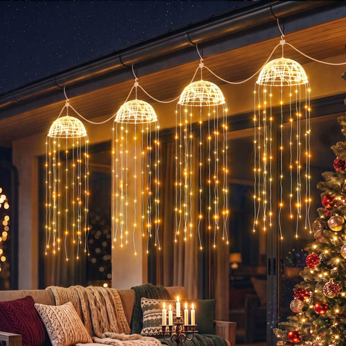 Jingle Jollys Solar Jellyfish Garden Lights, Warm White, 4 Pack, lit up in the dark, photo 2 of 8