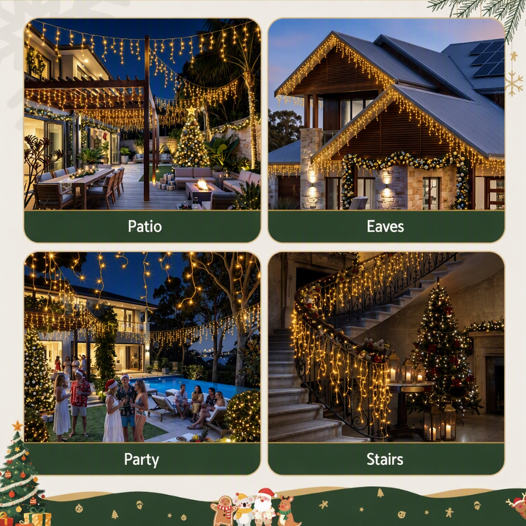 Jingle Jollys 12.5M Solar Christmas Lights Icicle String Light Warm
