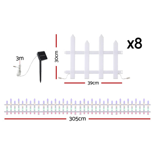 Jingle Jollys Solar Fence Lights, Multicolour, 3 m, 8 Pieces, with its measurements marked