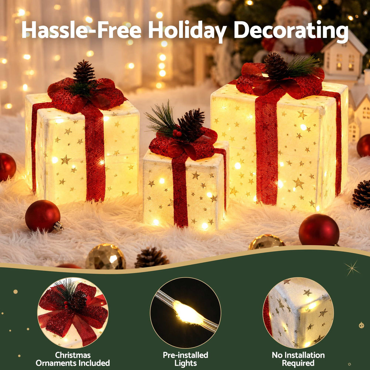 Jingle Jollys Christmas Decorations 3PC Lighted Gift Boxes Christmas