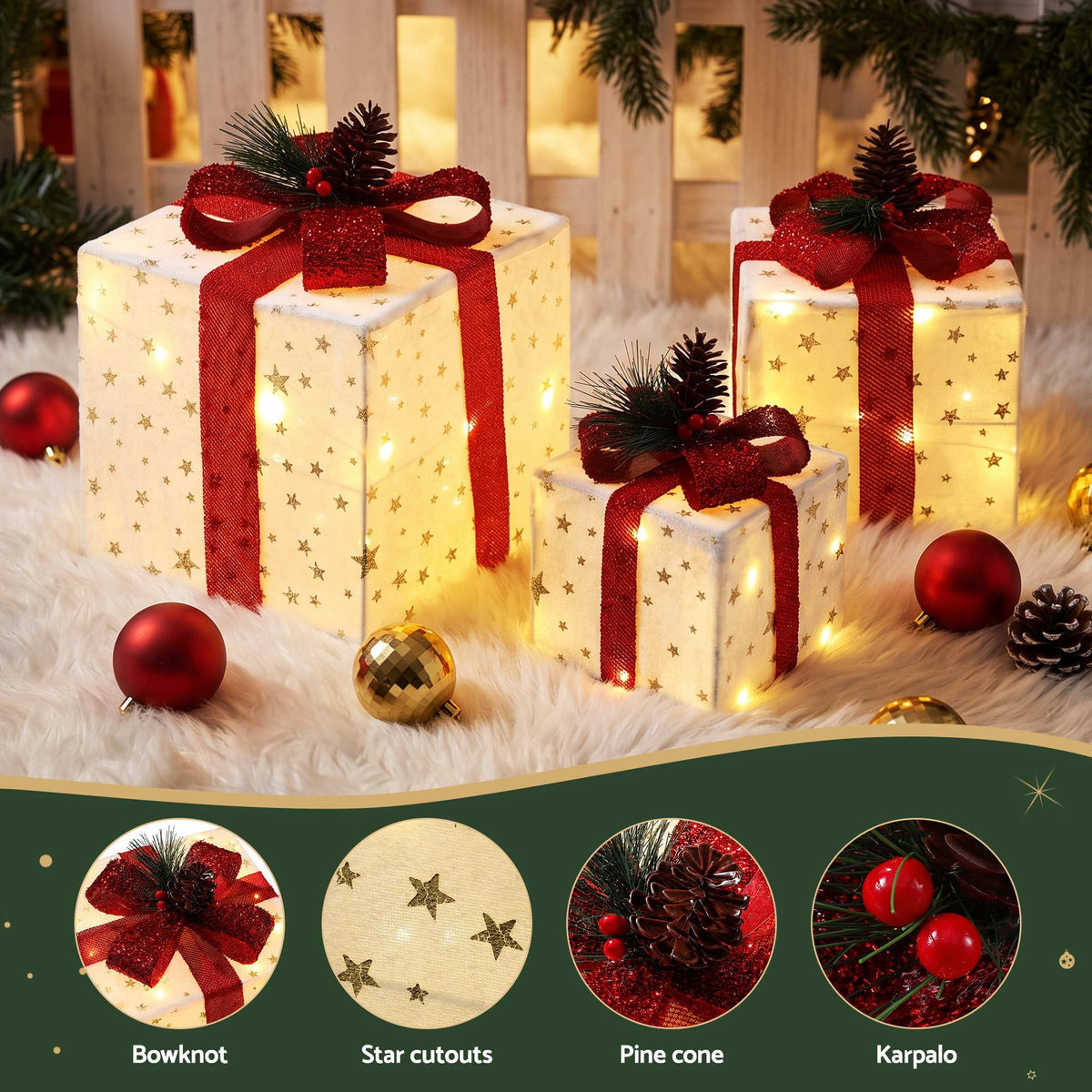 Jingle Jollys Christmas Decorations 3PC Lighted Gift Boxes Christmas
