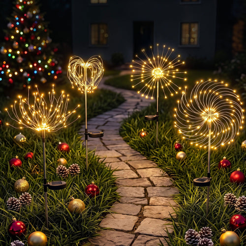 Jingle Jollys Solar Firework Garden Lights, Warm White, 4 Pack, lit up in the dark