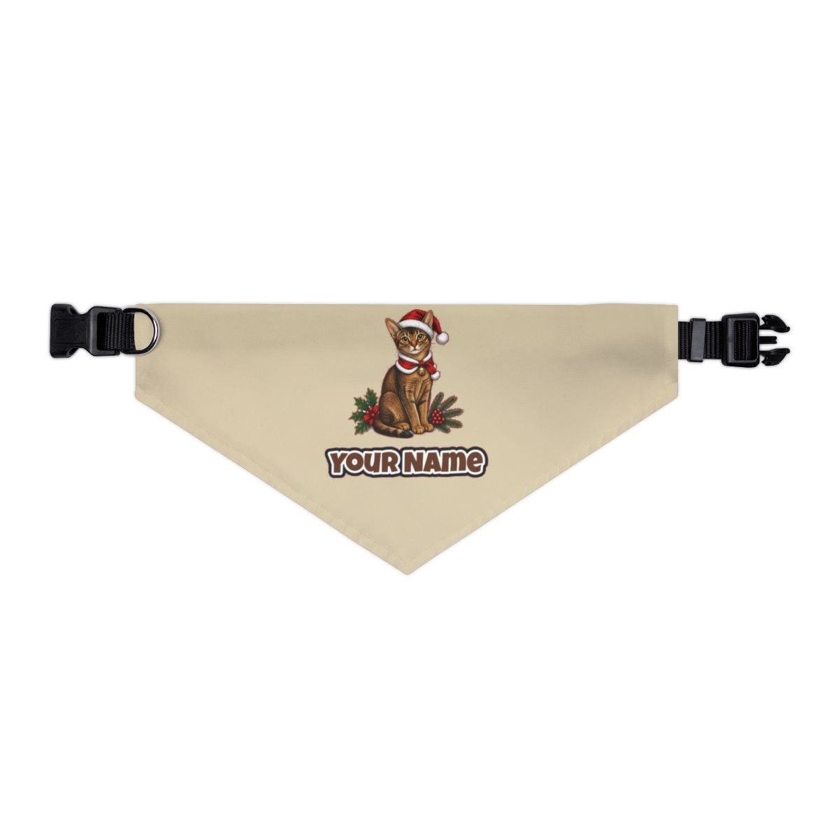 Abyssinian personalised Christmas pet bandana in beige, collar with buckle