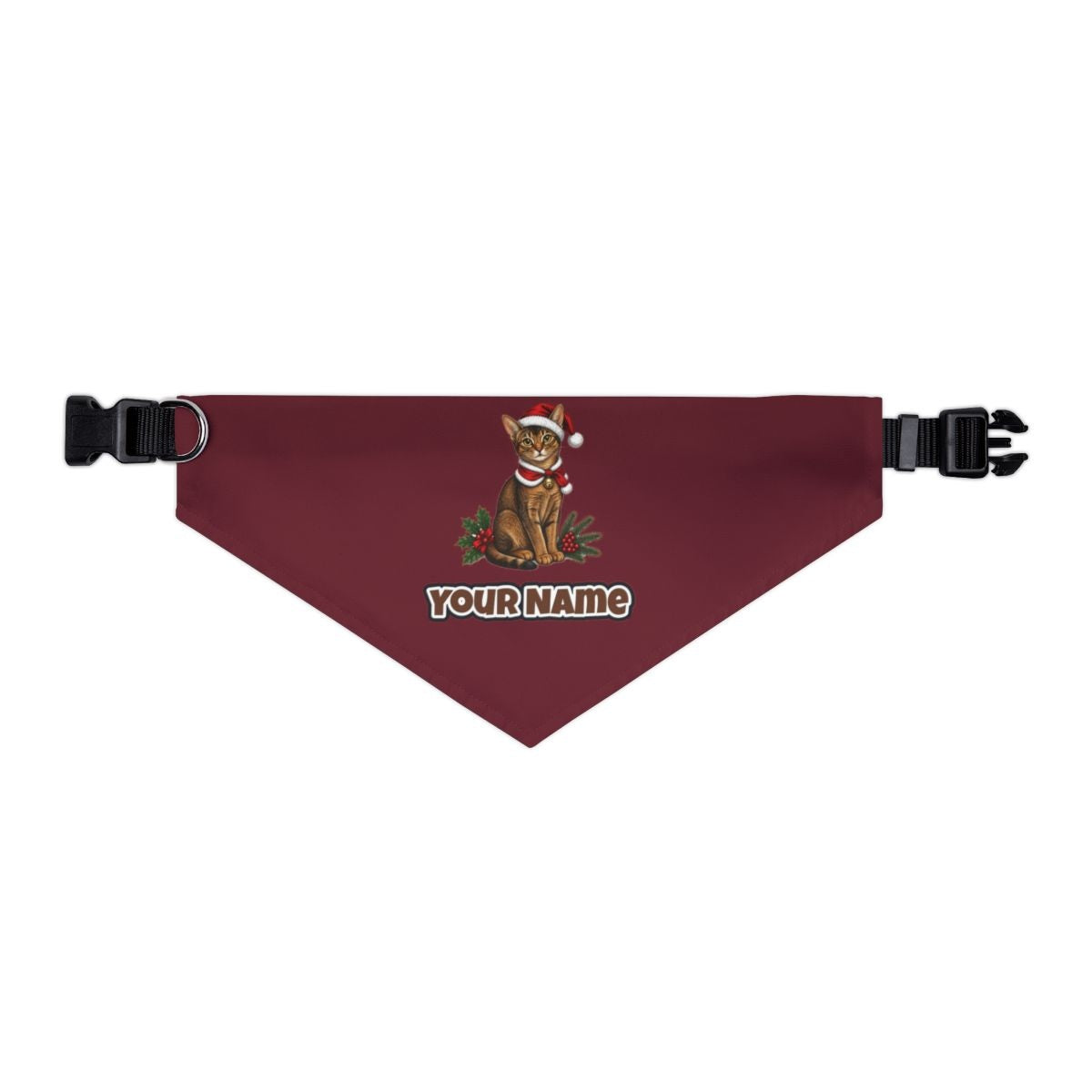 Abyssinian personalised Christmas pet bandana in maroon, collar with buckle