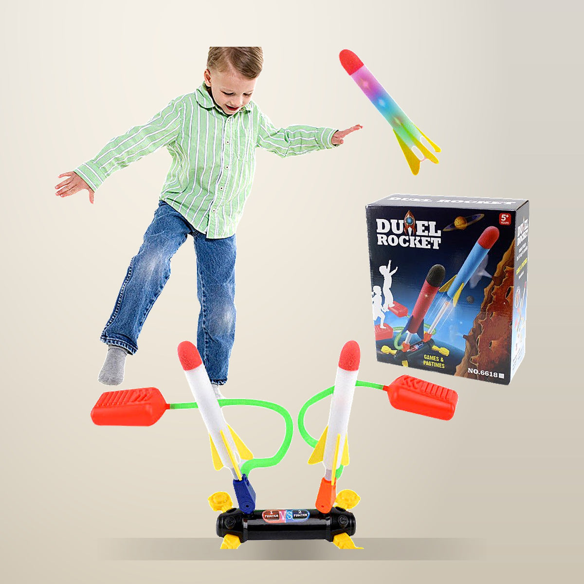 Foam Rocket Stomp Launcher, Dual Pump, 6 Rockets, on a plain cream background