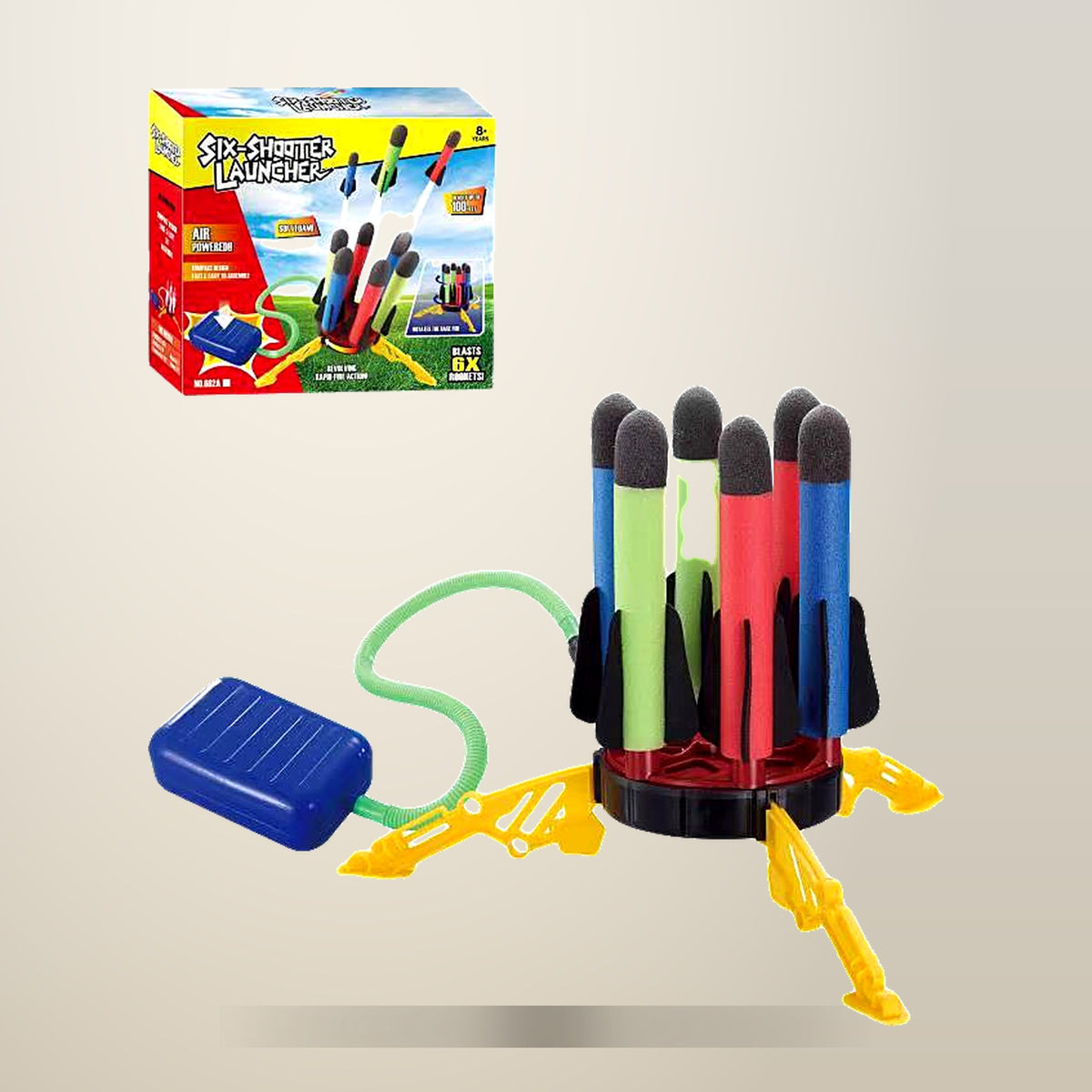Foam Rocket Stomp Launcher, Single Pump, 6 Rockets, on a plain cream background
