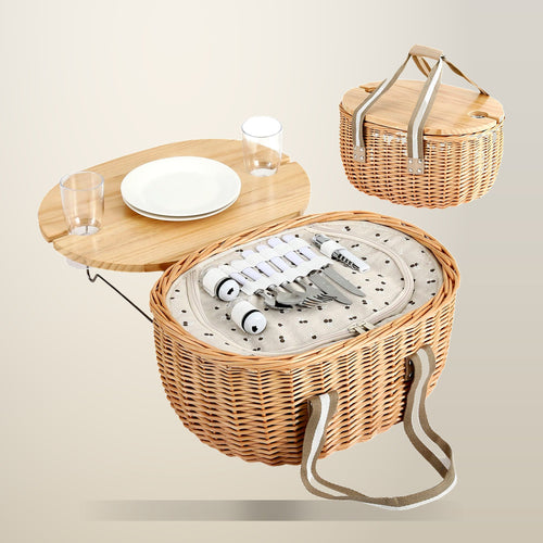 Alfresco Insulated Picnic Basket Set for 2 with Folding Wood Table, on a plain cream background