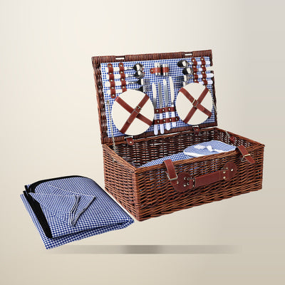 Alfresco 4 Person Picnic Basket, Insulated, Brown and Blue