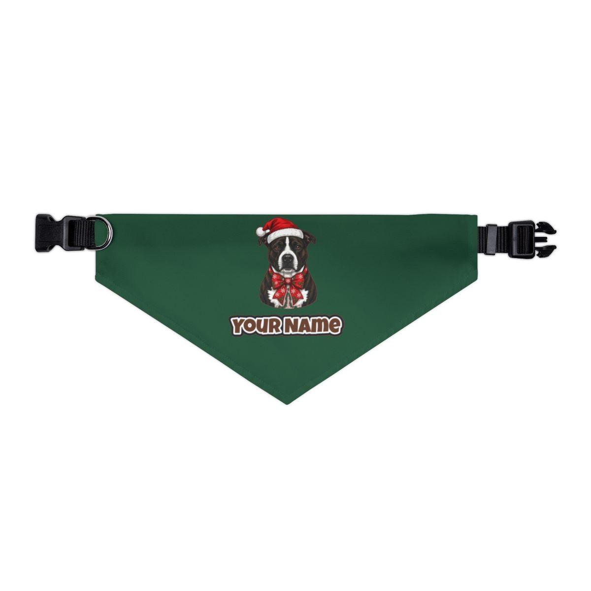 American Staffy personalised Christmas pet bandana in green, collar with buckle