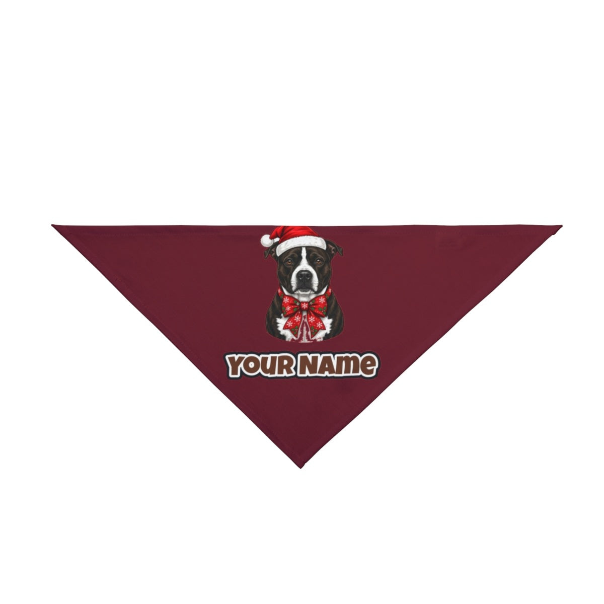 American Staffy personalised Christmas pet bandana in maroon, tie-on style