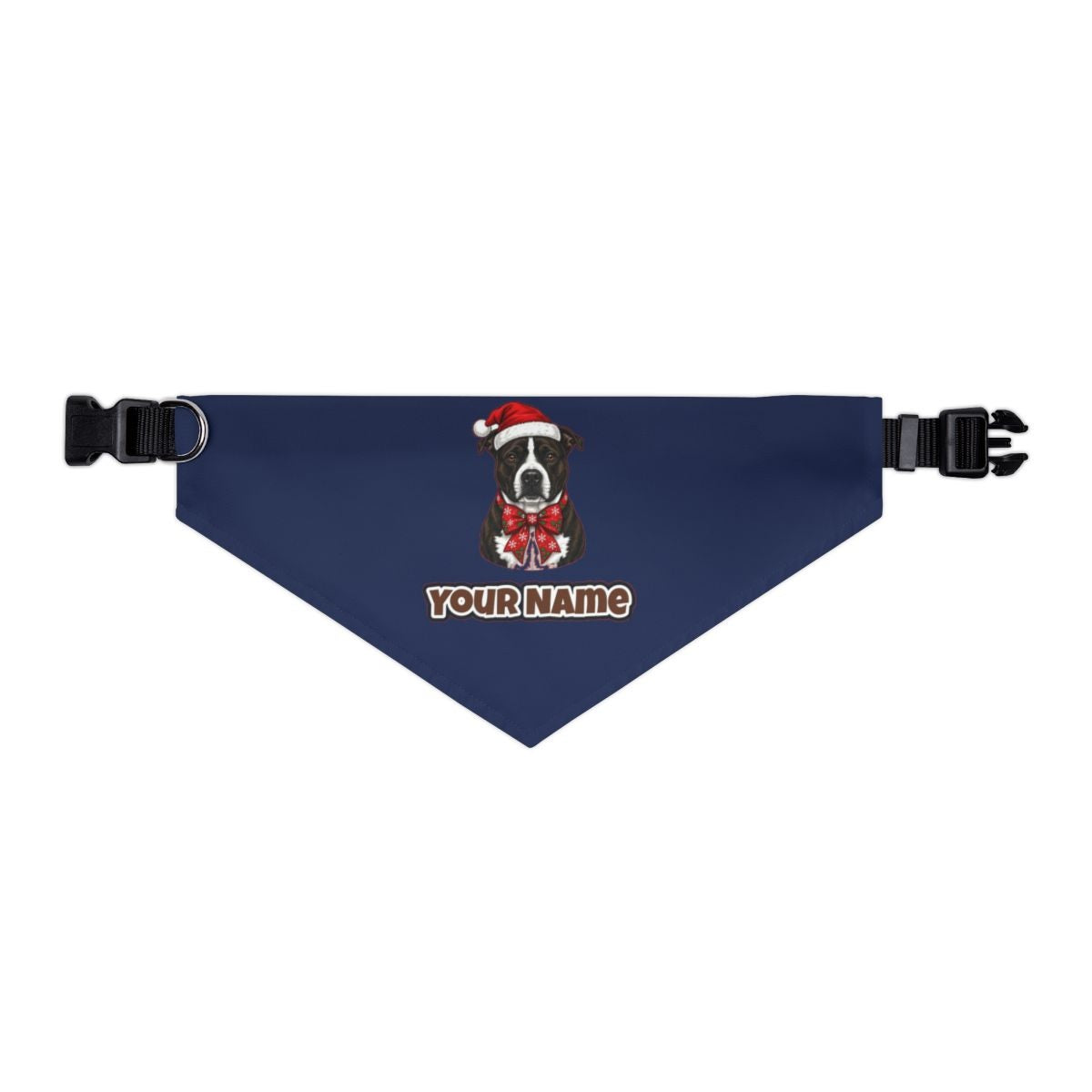 American Staffy personalised Christmas pet bandana in navy, collar with buckle
