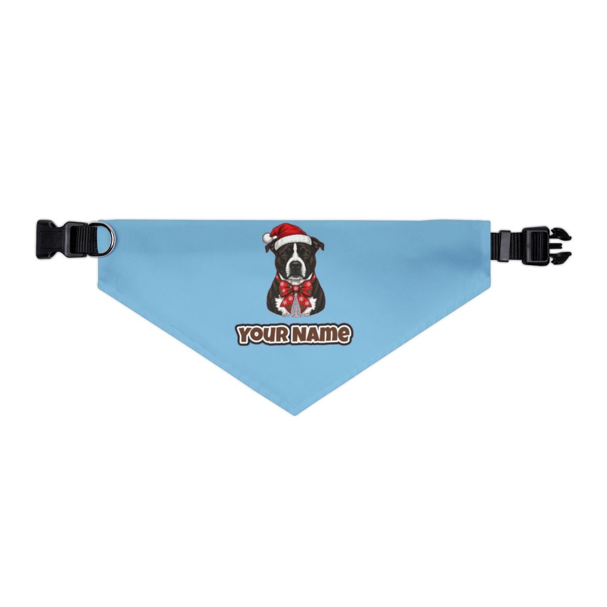 American Staffy personalised Christmas pet bandana in sky blue, collar with buckle