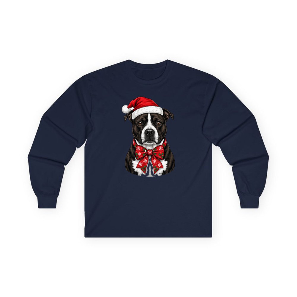 American Staffy personalised long sleeve Christmas T-shirt in navy