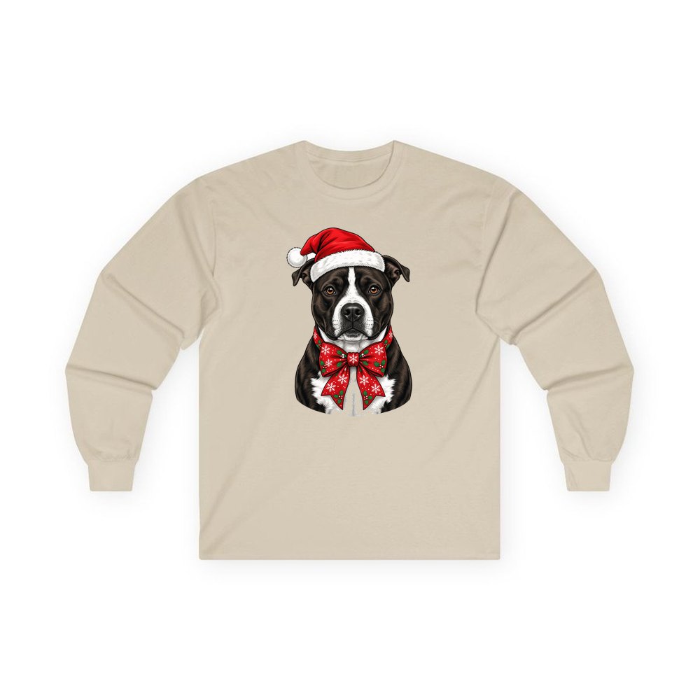 American Staffy personalised long sleeve Christmas T-shirt in sand