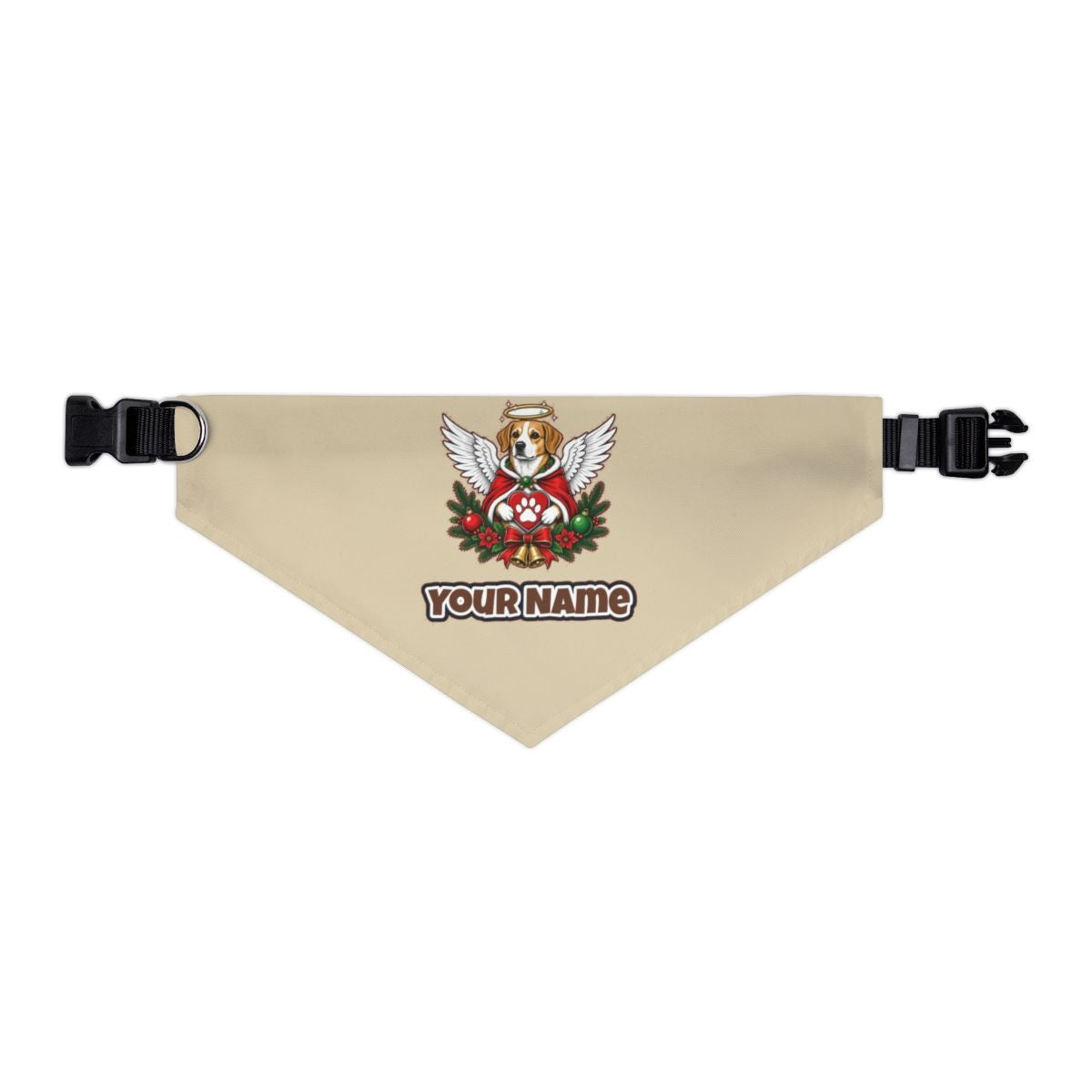 Angel Dog With Paw Heart personalised Christmas pet bandana in beige, collar with buckle