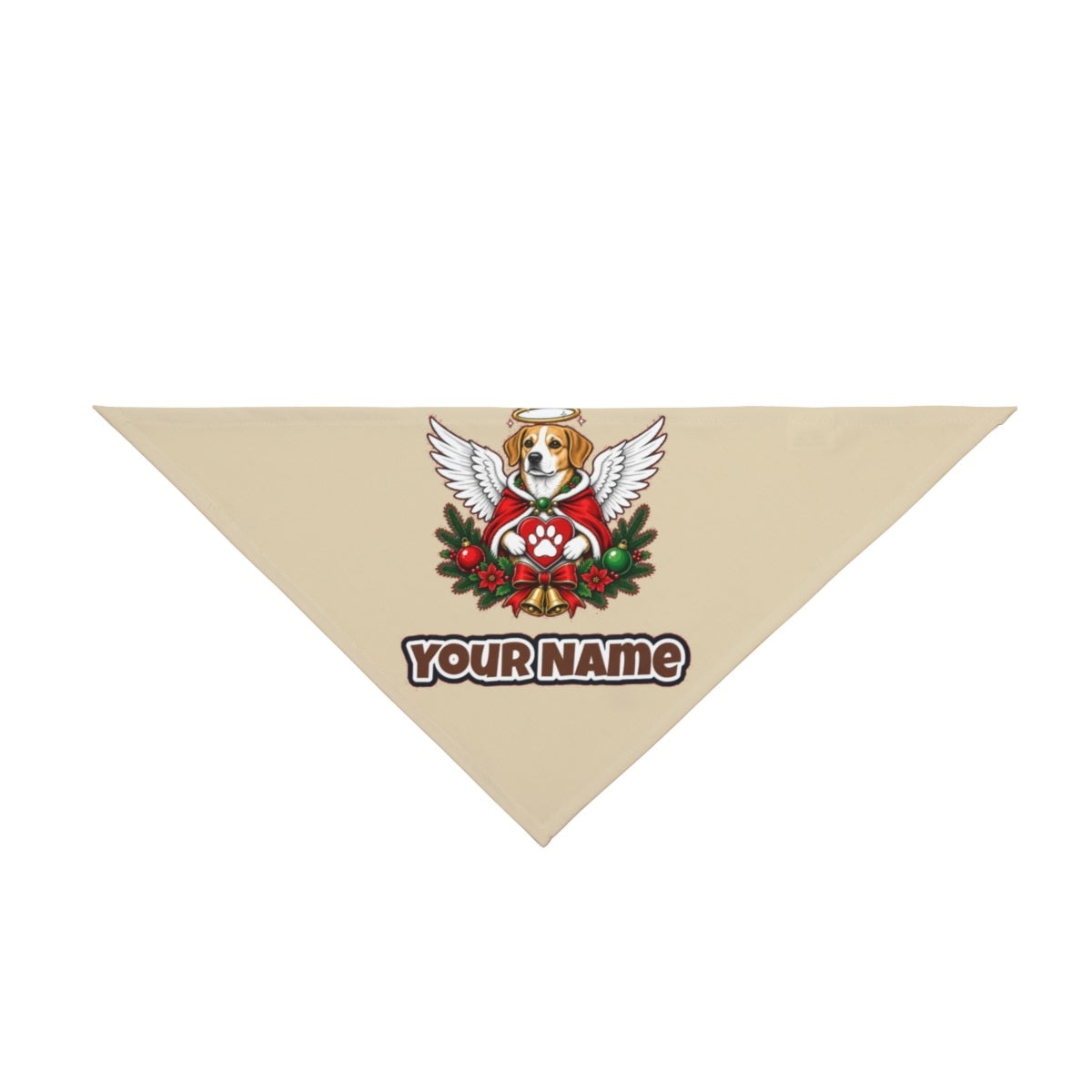 Angel Dog With Paw Heart personalised Christmas pet bandana in beige, tie-on style
