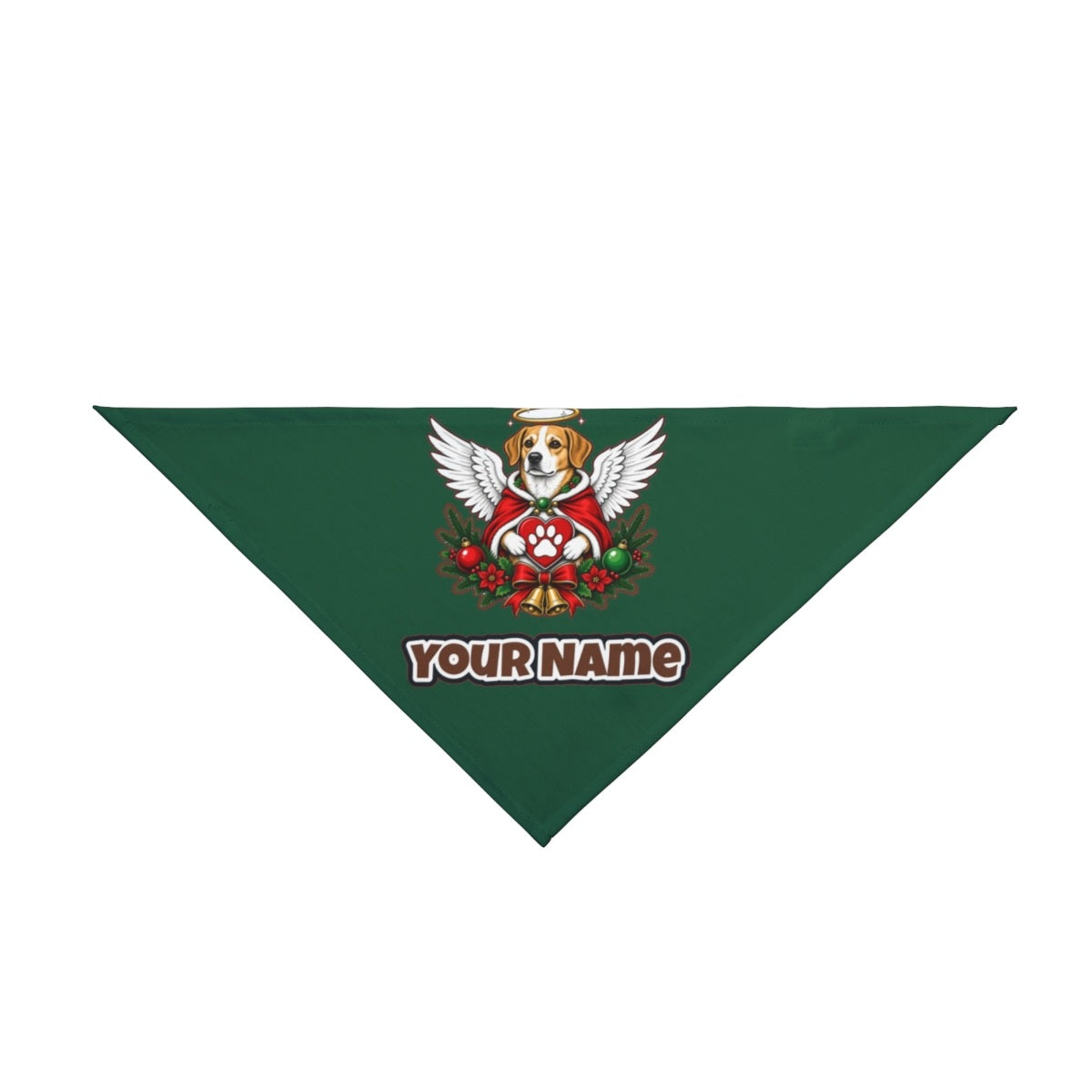 Angel Dog With Paw Heart personalised Christmas pet bandana in green, tie-on style