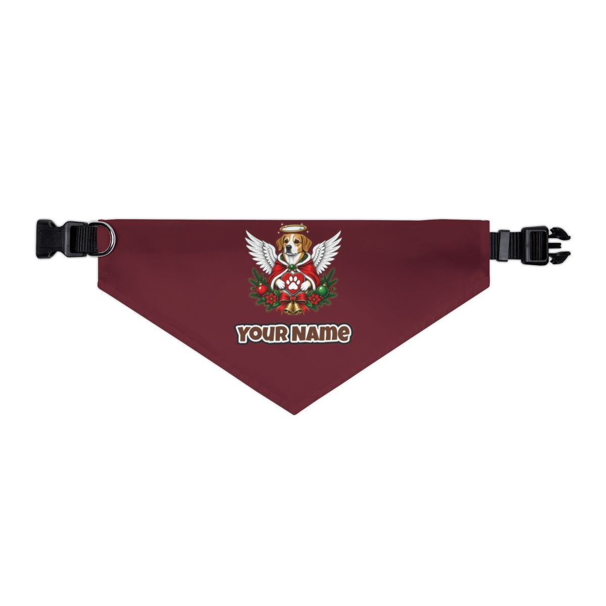 Angel Dog With Paw Heart personalised Christmas pet bandana in maroon, collar with buckle