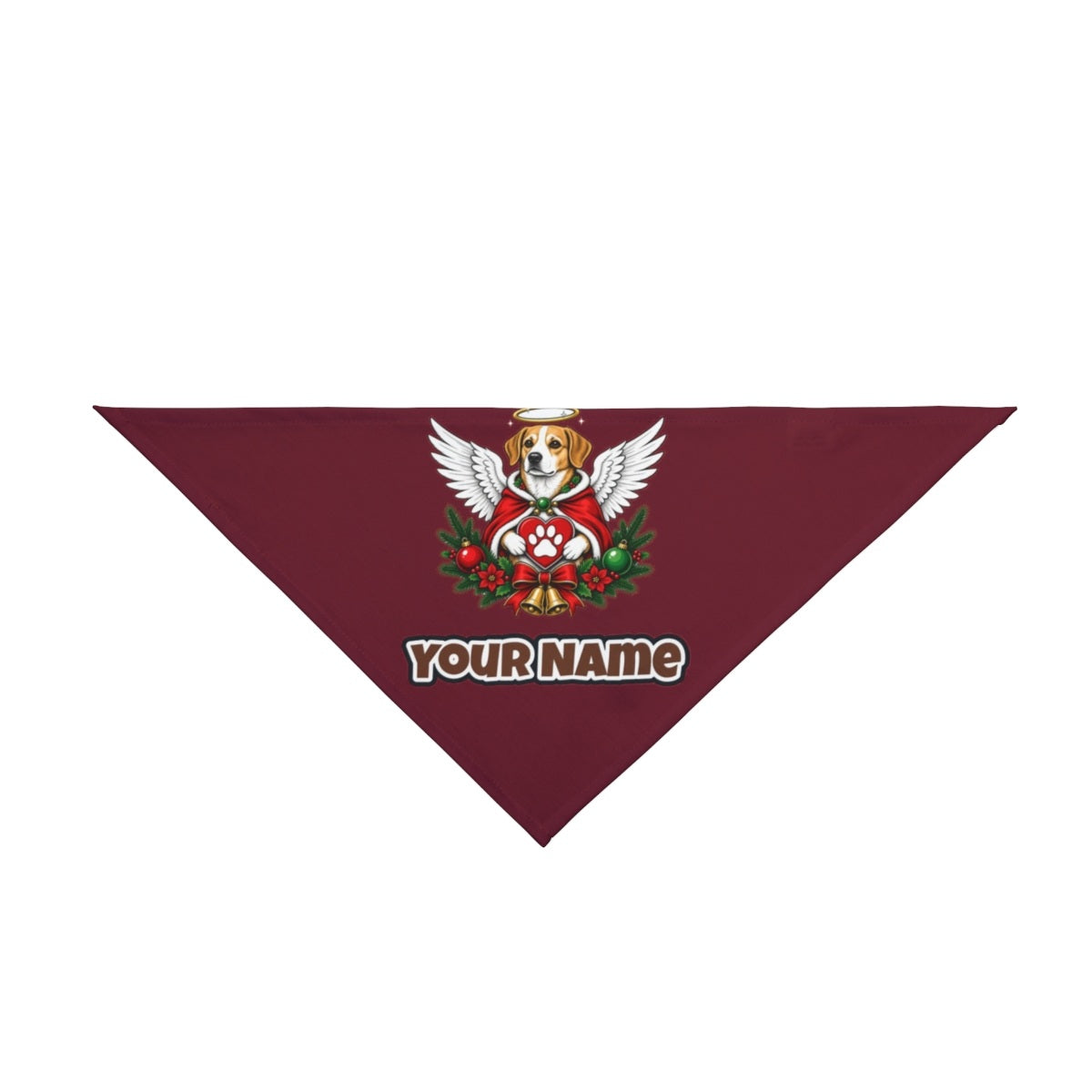 Angel Dog With Paw Heart personalised Christmas pet bandana in maroon, tie-on style