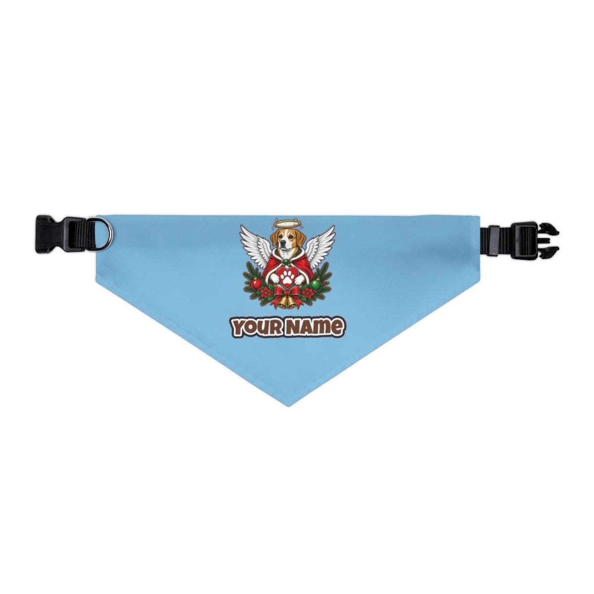 Angel Dog With Paw Heart personalised Christmas pet bandana in sky blue, collar with buckle