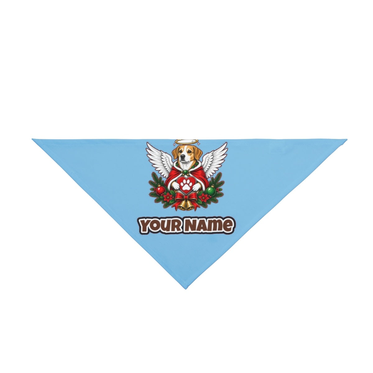 Angel Dog With Paw Heart personalised Christmas pet bandana in sky blue, tie-on style