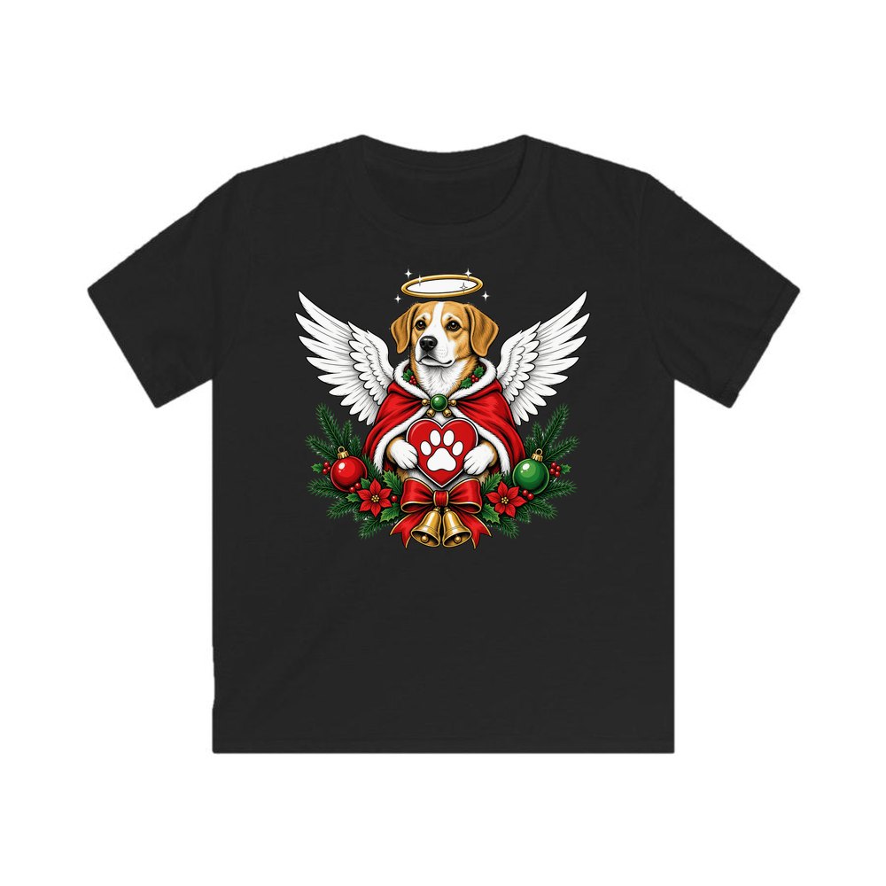 Angel Dog With Paw Heart personalised kids Christmas tee in black