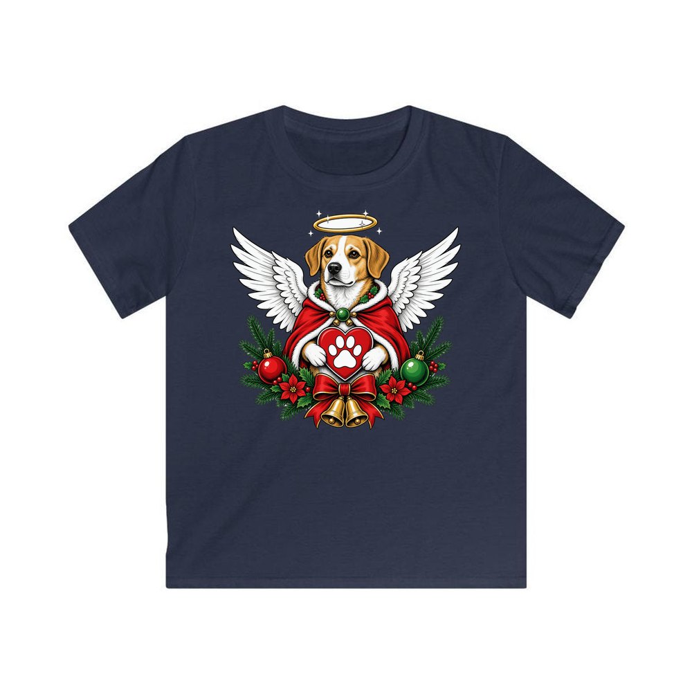 Angel Dog With Paw Heart personalised kids Christmas tee in navy