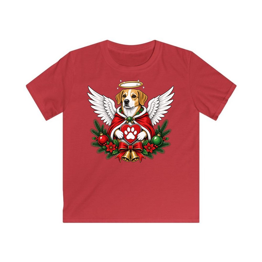 Angel Dog With Paw Heart personalised kids Christmas tee in red