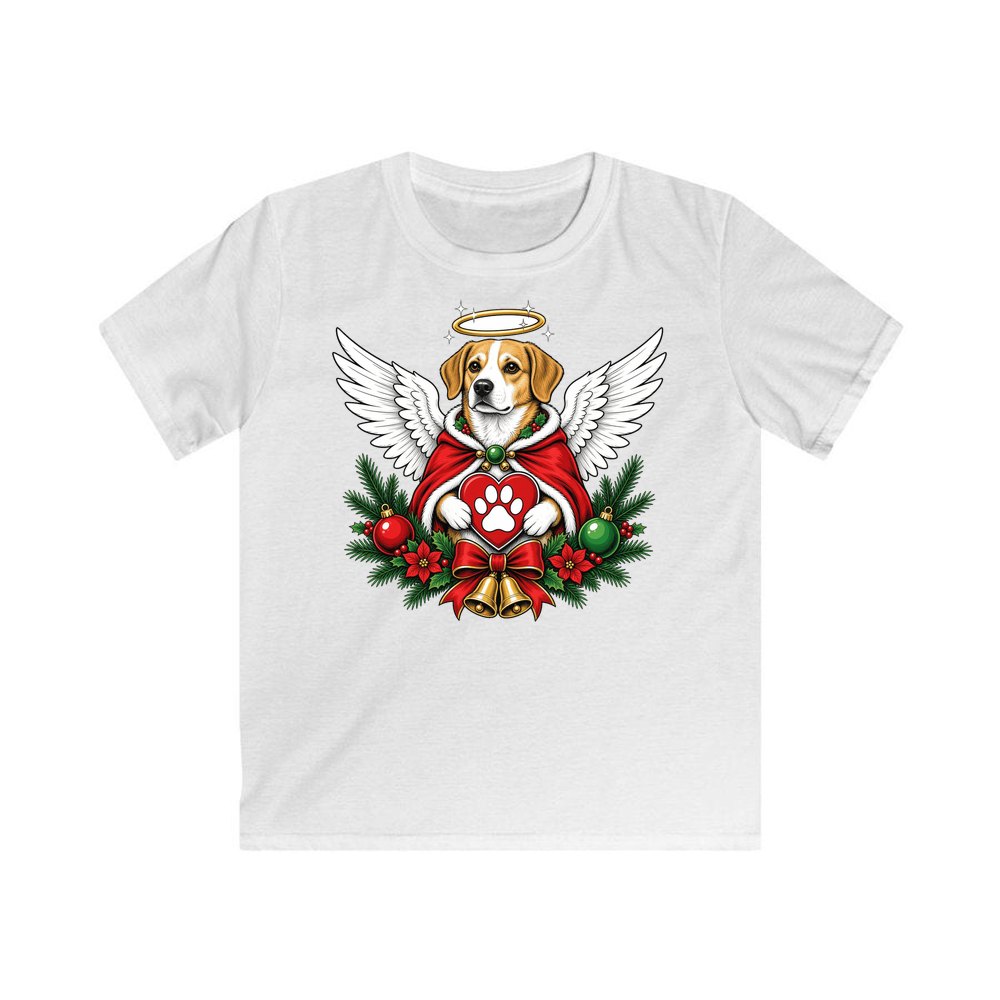 Angel Dog With Paw Heart personalised kids Christmas tee in white