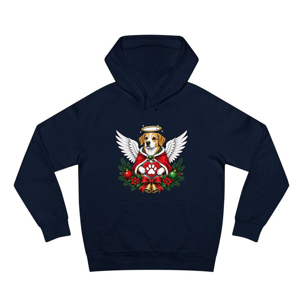 Angel Dog With Paw Heart personalised Christmas hoodie in navy
